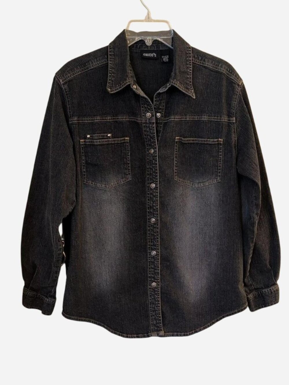 Chico's Black Distressed Stretch Denim Shirt Jacket | Size 12